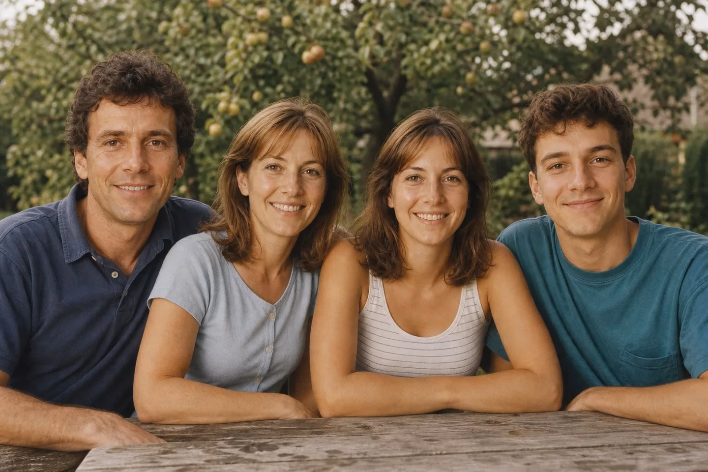KI-generiertes Familienfoto: Karl, Elfriede, Lena und Peter im Garten, 1992